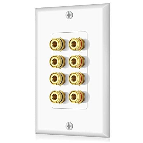 Banana Binding Post Two-Piece Coupler Inset Wall Plate for 4 Speakers Standard Single Gang White