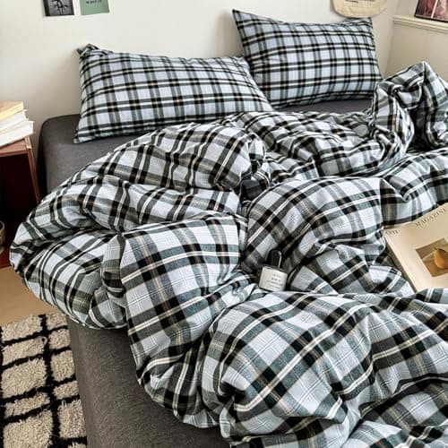 mixinni Vintage Grey Pale Blue Buffalo Plaid Duvet Cover Set Queen Size 3 Piece Washed Cotton Bedding Set with Grid Pattern Soft Breathable Duvet Cover with Pillowcases for Boys Men Women