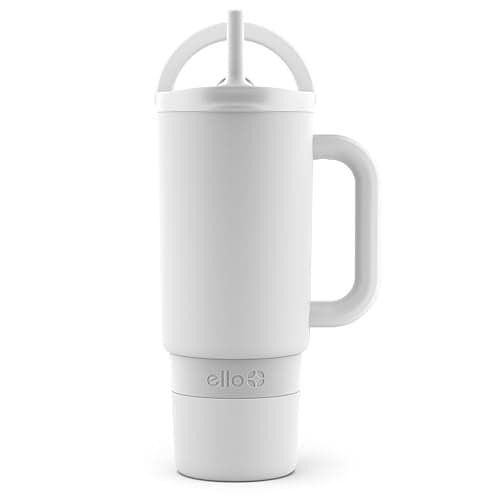 Ello Port 30oz Tumbler with Carry Loop & Integrated Handle | Vacuum Insulated Stainless Steel Reusable Water Bottle Travel Mug | Leak Proof Lid | Flexible Straw | BPA-Free | Dishwasher Safe | White