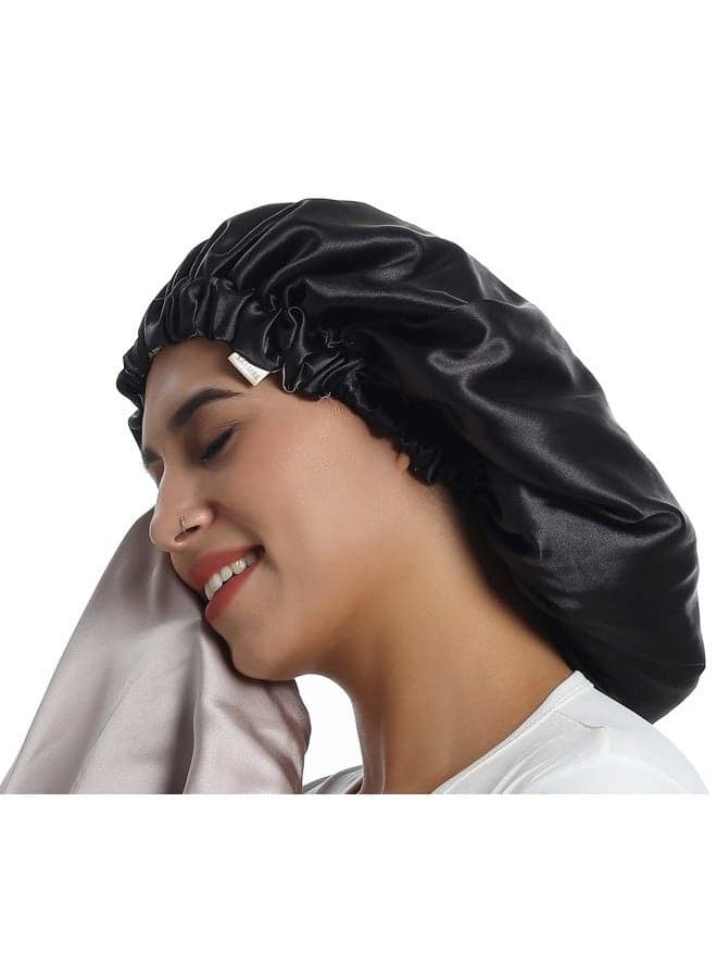 100% Mulberry Silk Lined Bonnet Adjustable Satin Sleep Cap 19 Momme Silk Bonnet for Women Curly,Long Hair Care Black