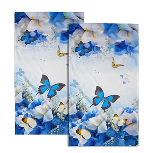 Giwawa Blue Butterfly Hand Towels Spring Flowers Kitchen Dish Towels Set of 2 Soft Absorbent Fingertip Towel for Bathroom Spa Gym Hotel