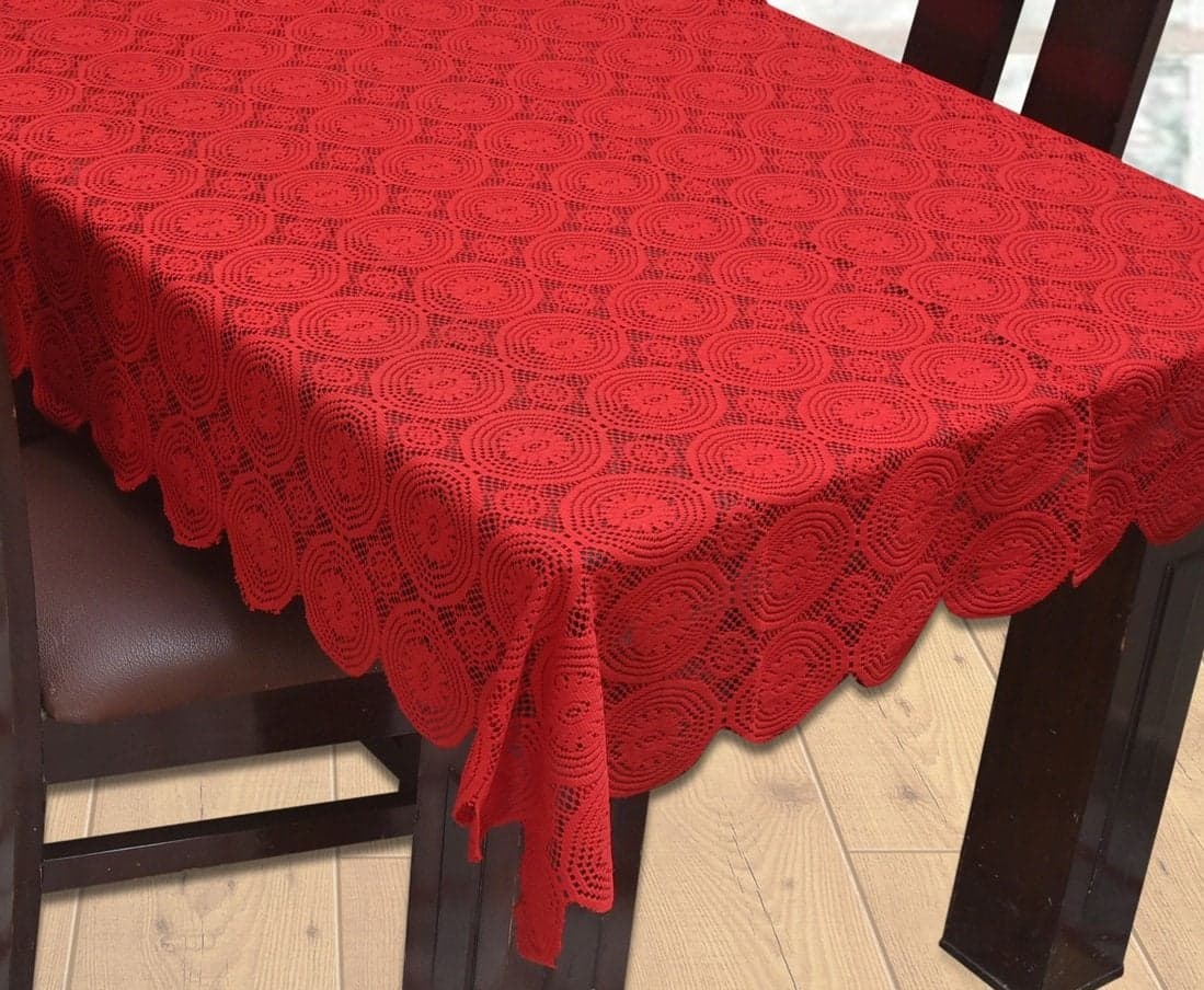 Yellow Weaves Net Fabric Floral Designer Rectangular Dining Table Cover (Red, Maroon, 60X90 Inches)