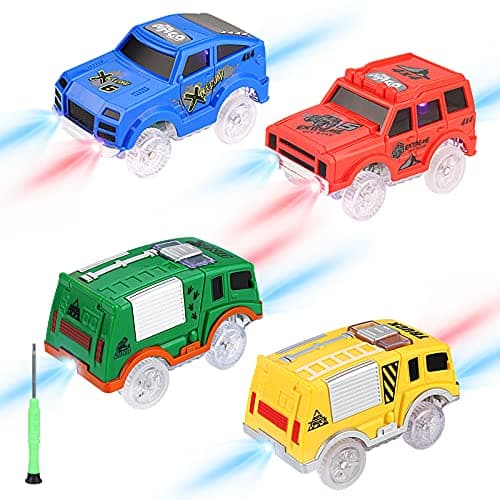 Tracks Cars Replacement only Toy Cars for Magic Tracks Glow in the Dark Racing Car Track Accessories with 5 Flashing LED Lights Compatible with Most Car Tracks for Kids Boys and Girls4pack