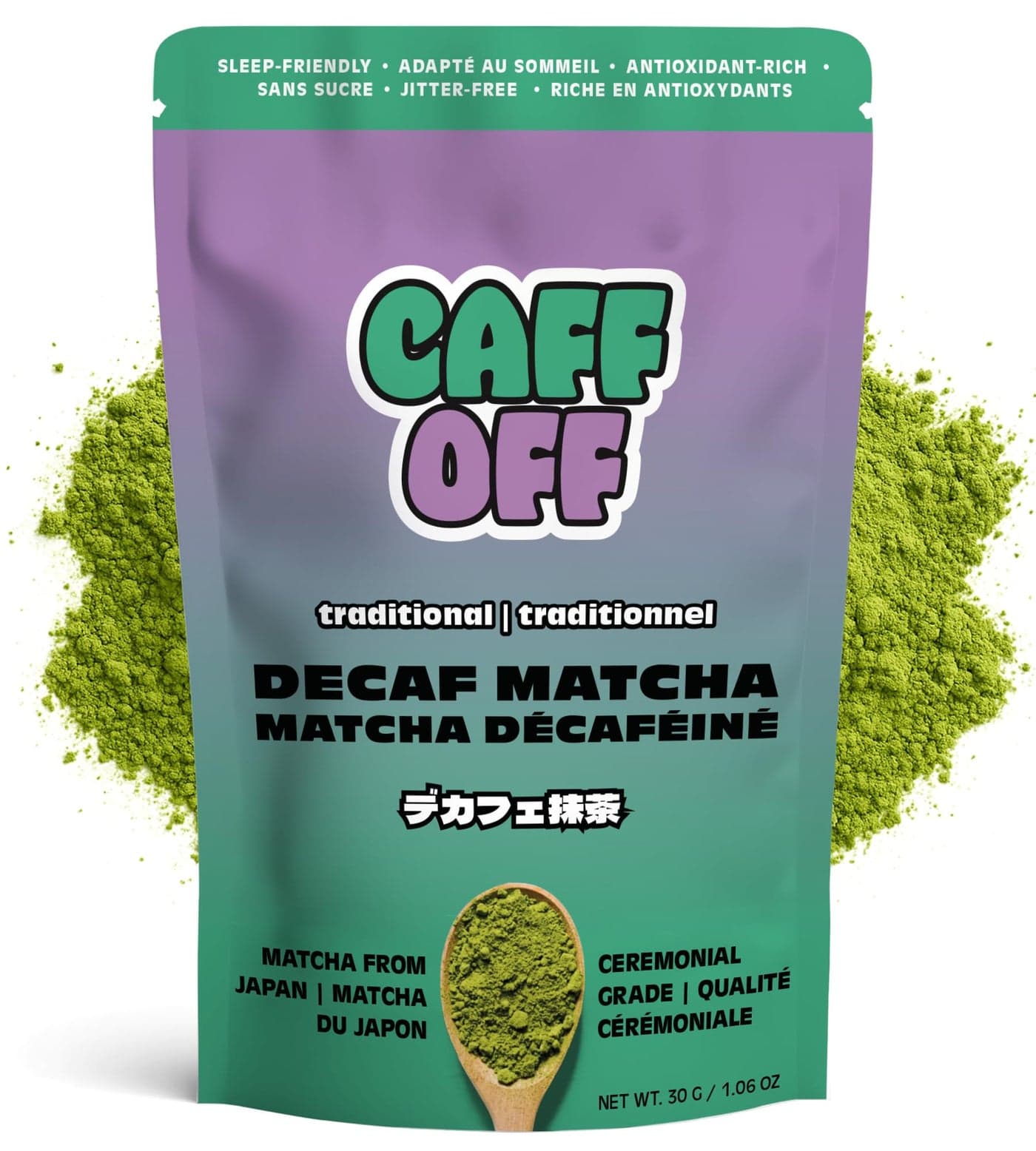 Caff Off Decaf Matcha Green Tea Powder From Japan – Small Premium Bag - 1.06 oz / 30 g – Ceremonial Grade – Naturally Decaffeinated Without Chemicals – Tested for Heavy Metals – First Harvest, Shade-Grown & Caffeine-Free Matcha Powder