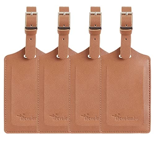 Travelambo 4 Pack Leather Luggage Tags for Suitcases Travel Labels (Yellowish Brown)