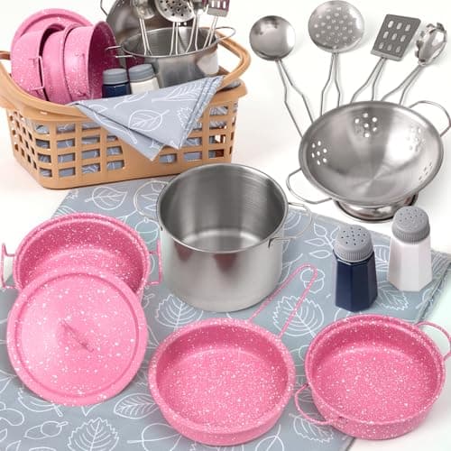 Veitch fairytales Kids Play Kitchen Toy Accessories Set Toddler Cooking Playset Colorful Stainless Steel Pots and Pans Birthday Gifts for 3 Girls Boys New Pink