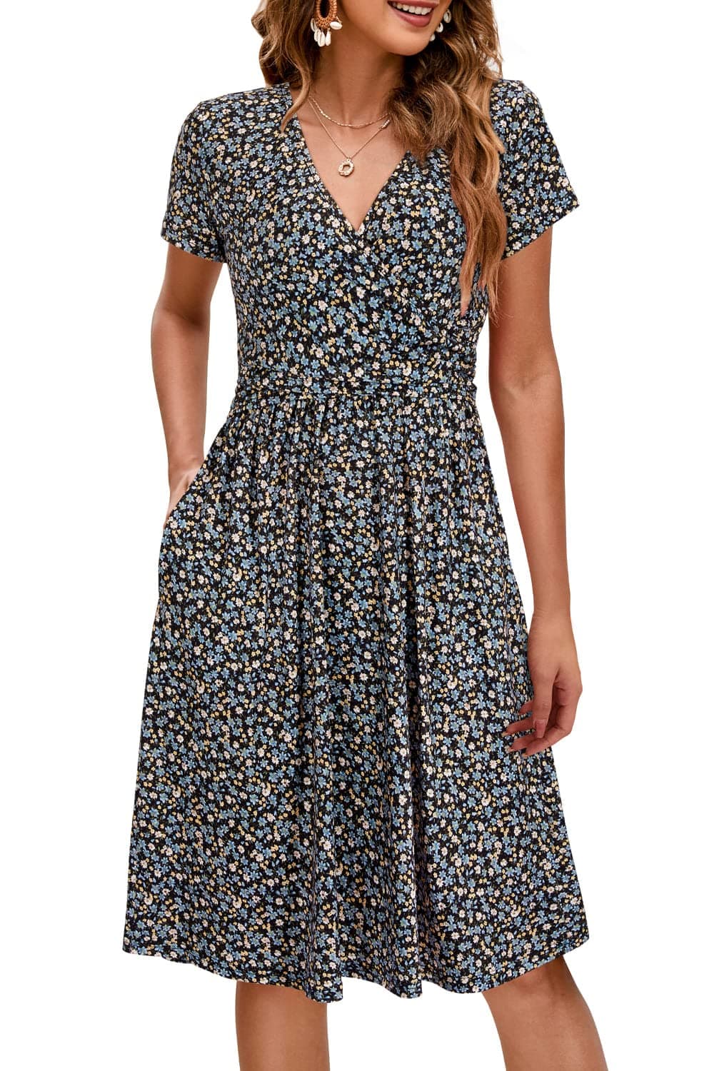 OUGES Women's 2025 Summer Short Sleeve V Neck Floral Midi Dress with Pockets Maternity Nursing Wrap Dresses Clothes(Floral C,L)