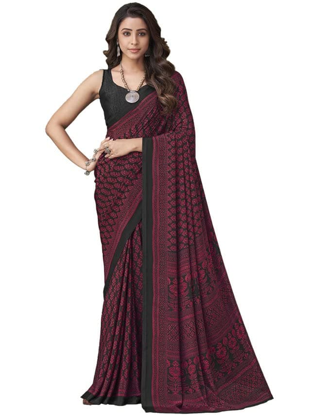 Satrani Women'S Silk Crepe Floral Printed Saree With Unstitched Blouse Piece(2858S2465N_Dark Pink & Dark Grey)