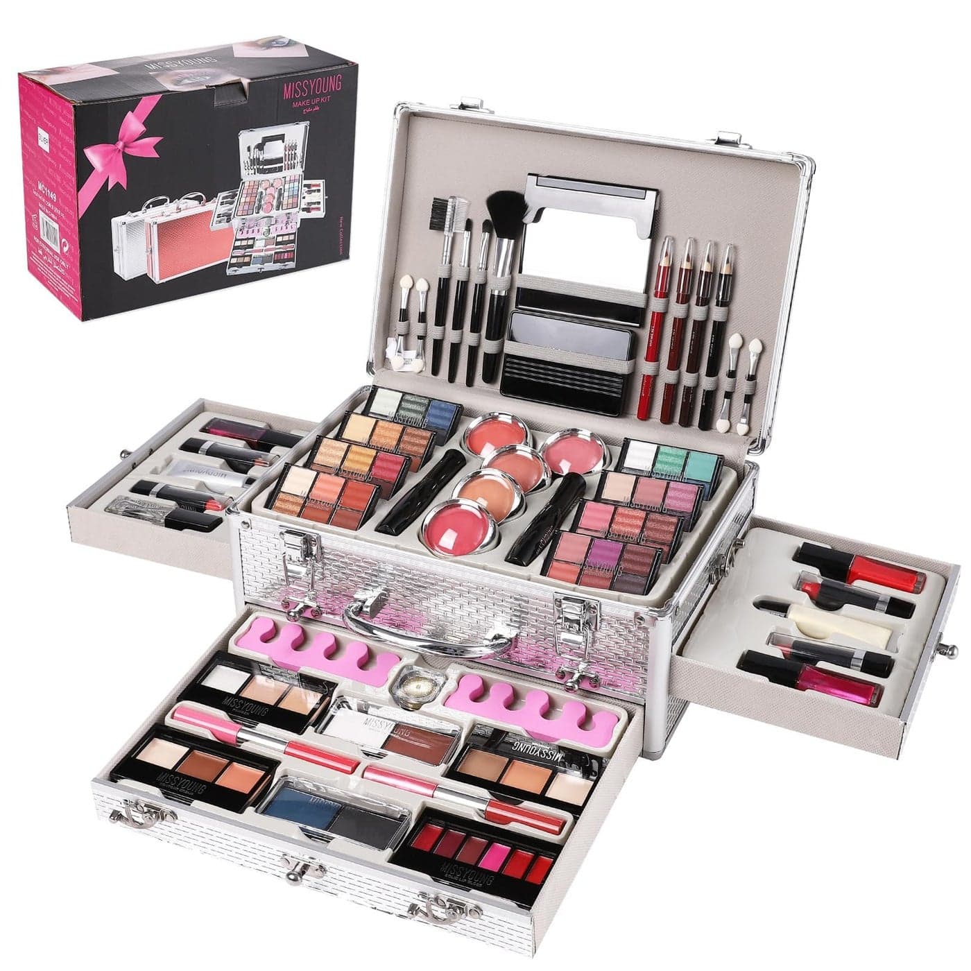 Hegafoo All in One Makeup Kit for Teens 106 Pcs Professional Makeup Kit for Women Full Kit Include Eyeshadow Palette Lipstick Set Concealer Foundation Lipgloss Makeup BrushSilver
