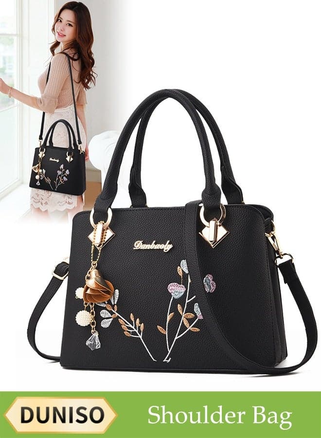 Women's Shoulder Bag, Soft Leather Messenger Bag, Fashionable Embroidered Handbag, Lychee Leather, Adjustable Shoulder Strap, Suitable For Commuting, Travel, Shopping, Storage And Organization