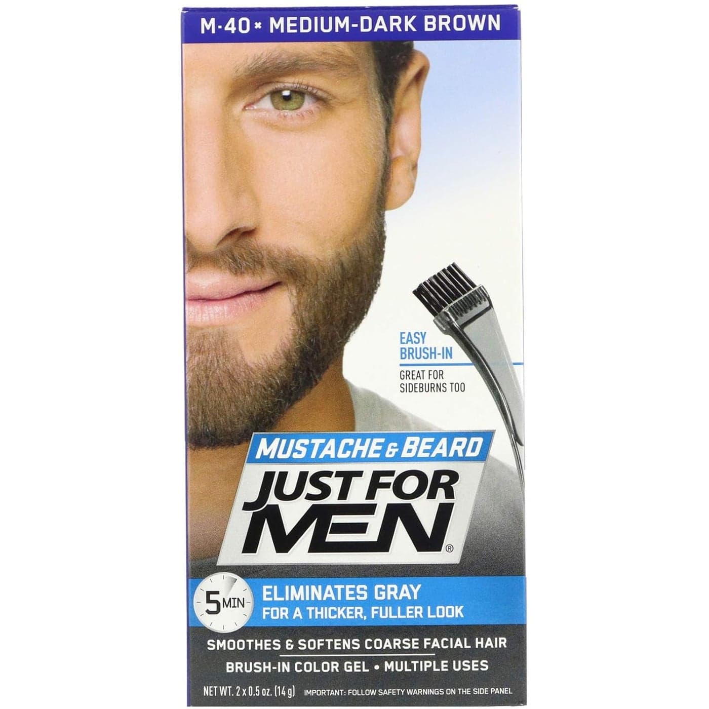 Just For Men Mustache & Beard, Beard Dye for Men with Brush Included for Easy Application, With Biotin Aloe and Coconut Oil for Healthy Facial Hair - Medium-Dark Brown, M-40, Pack of 1