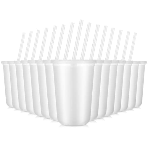 Lounsweer 30 Pcs Clear Reusable Cups with Straws and Lids, Plastic Frosted Round Bottom Ice Coffee Cups Travel Mug Tumbler for Beverage Water Party Birthday Disposable Drinkware (16oz,White)