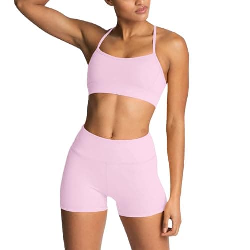Workout Sets for Women Strappy Sports Bra High Waist Biker Shorts 2 Piece Gym Sets Yoga Pilates Outfits Athletic Work Out Clothes Light Pink Small