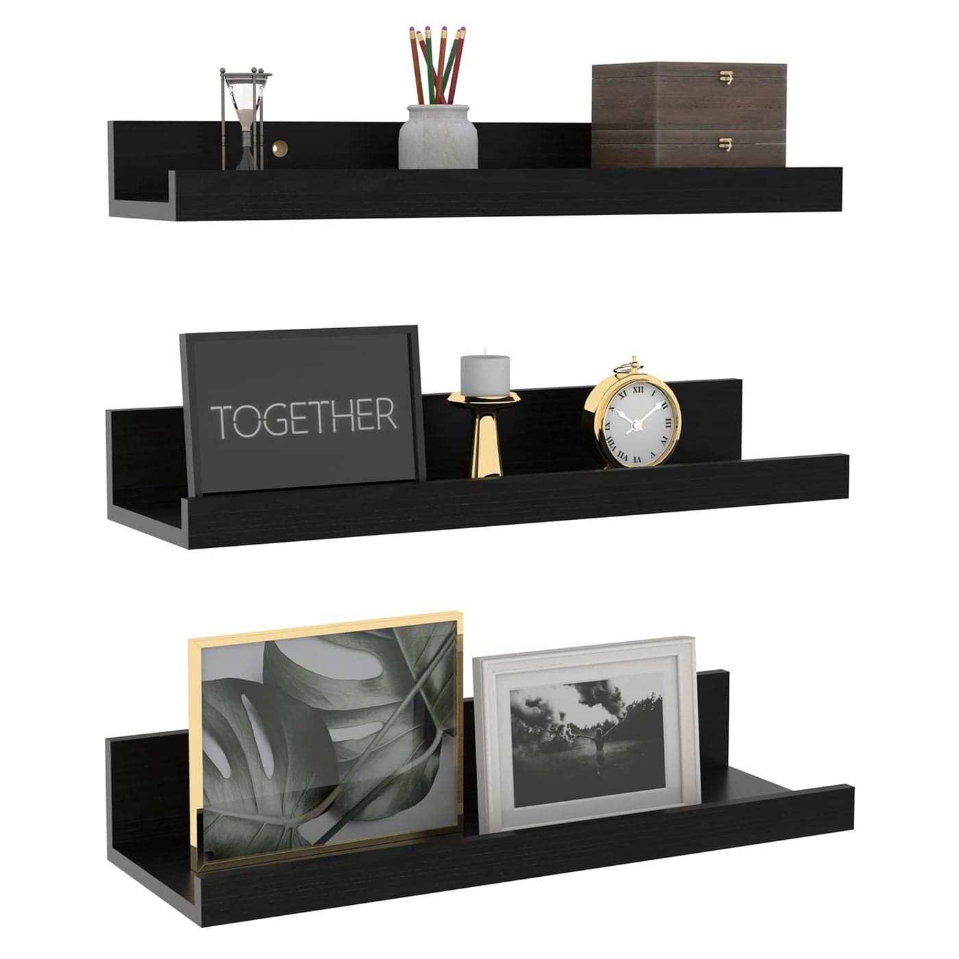 Giftgarden 16 Inch Black Floating Shelves for Wall Mount Woodgrain Wall Shelf Ledge for Bathroom Bedroom Kitchen Living Room Office Storage Set of 3 Different Sizes
