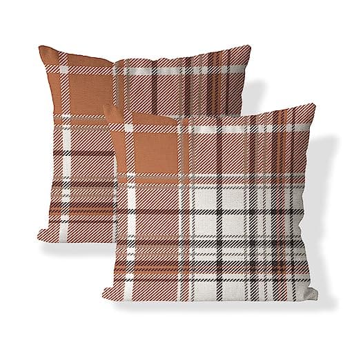 Set of 2 Fall Pillow Covers Autumn Decorative Throw Pillow Cases 18x18 Inch Orange Grey Plaids Cushion Covers Faux Linen,Farmhouse,Thanksgiving,Home Décor