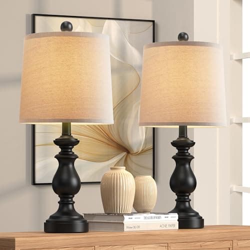 PARTPHONER Traditional Table Lamp Set of 2, Rustic Farmhouse Table Lamps for Living Room Bedroom, 22" Bedside Desk Lamps Vintage Nightstand Lamps with Linen Shades, Black