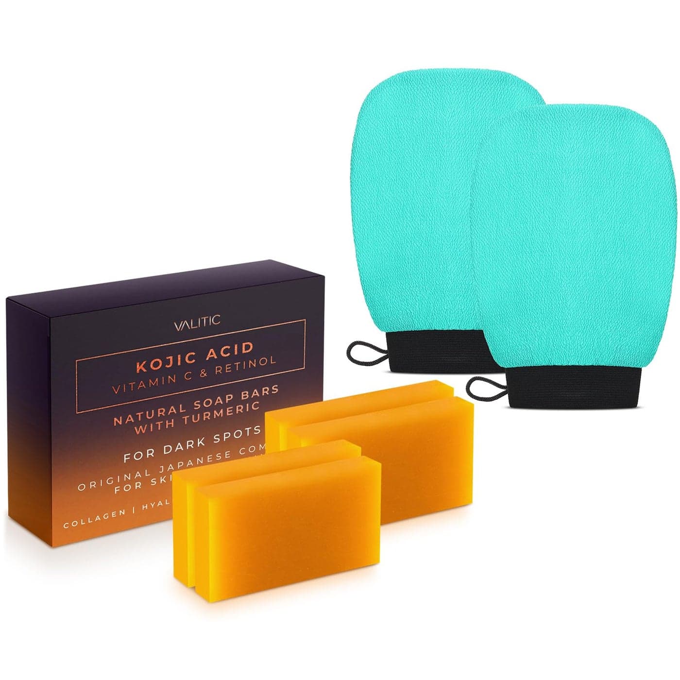 VALITIC 4 Pack Kojic Acid Vitamin C Retinol Soap Bars for Dark Spot A Pair Of Turquoise Exfoliating Gloves for Body Scrubs