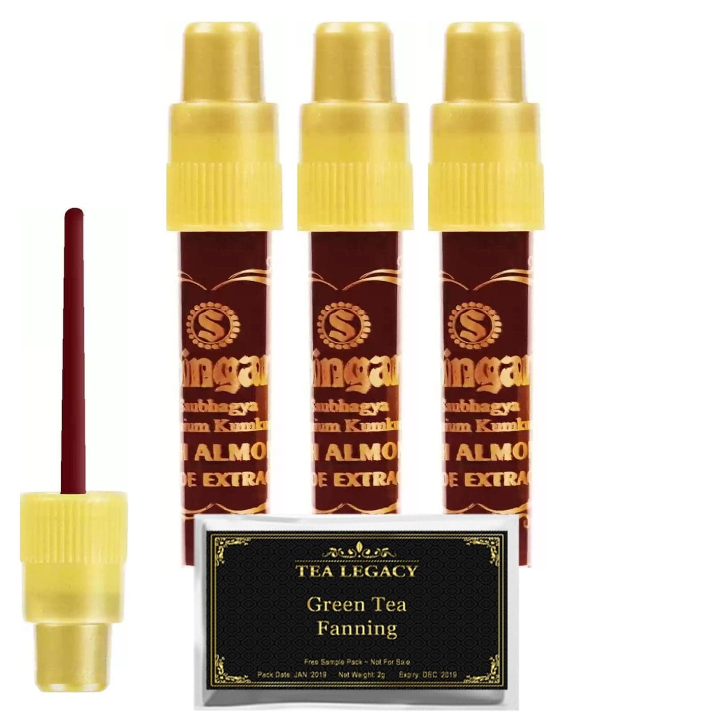 Yogic Mantra Shringar Bindi Liquid Deep Red Maroon Color Kumkum 3 Bottles Bundle with TeaLegacy Free Sample Premium Kum Kum with Almond Aloe Extracts For Bindi Dots Tikka Bindis Temporary Tattoo