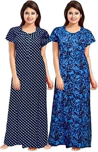 XAKALAKA Women's Cotton Nightgown – Pack of 2 Printed Maxi Nighties | Ankle-Length Night Dress | Free Size Cotton Sleepwear for Women (Blue&Blue, Free Size)