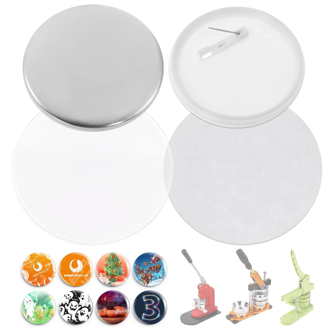 BEAMNOVA 200 Sets of Button Parts Supplies 58mm 228 in Approx 214 inch for Round Button Maker Machine Pin Maker Every Set Includes Tinplate Top Plastic Clip Bottom Plastic Film