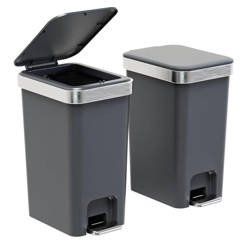 onlcuk 2Pack Small Bathroom Trash Can with Lid Soft Close, 10 Liter/2.6 Gallon Slim Garbage Can-Metal Step and Press top Lid, Mini Modern Waste Basket for Toilet, Office, Bedroom,Dorm,Dark Gray