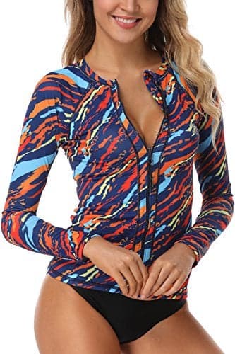 AXESEA Women Long Sleeve Rash Guard UPF 50 UV Sun Protection Zip Front Swimsuit Shirt Printed Surfing Shirt Top Sunshine 4