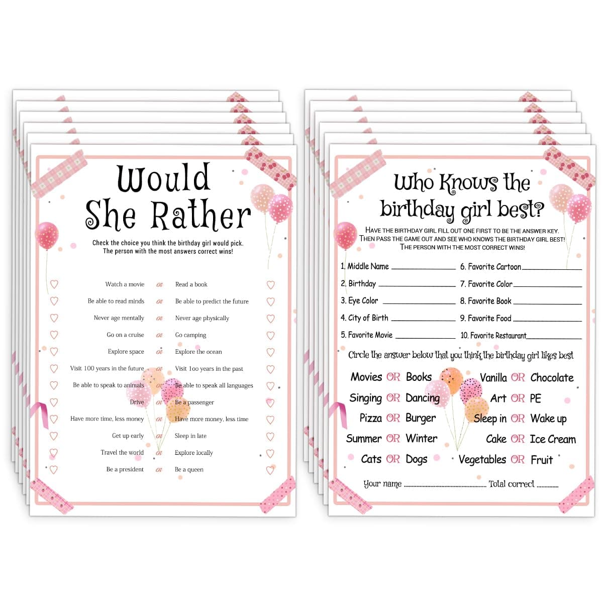ALodr 20 Pcs Who Knows the Birthday Girl Best Would She Rather Games for Girl Birthday Party Funny Birthday Party Games Double Sided 5x7 Inches