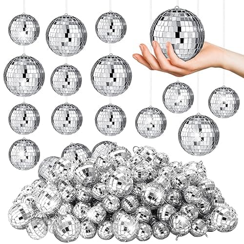 Hoolerry 200 Pcs Mini Mirror Disco Ball Ornaments Mardi Gras Small Silver Hanging Decorations Reflective Tiny Balls Bulk for 70s 80s 90s Disco Party, Birthday(2'', 1'')