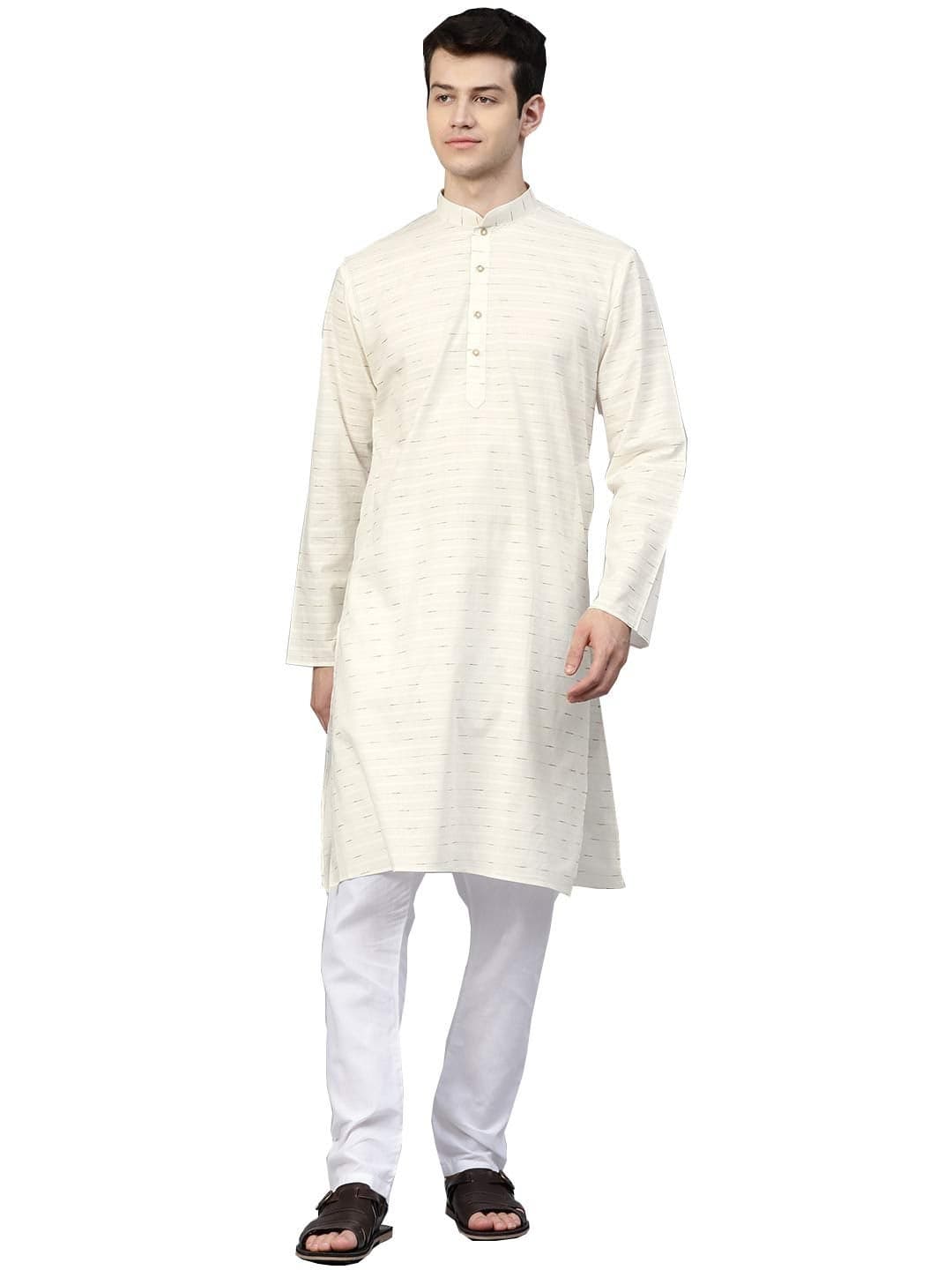 MANQ Men's Cotton Striped Kurta Pajama Set Indian Party Traditional Ethnic Wear Tunic Dress For Men Wedding, Off White,36