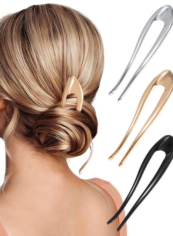 French Hair Pins for Women 3 PCS Metal U-Shaped Hair Forks Sticks for Buns,Twist, Chignon & Updos – Secure All-Day Hold