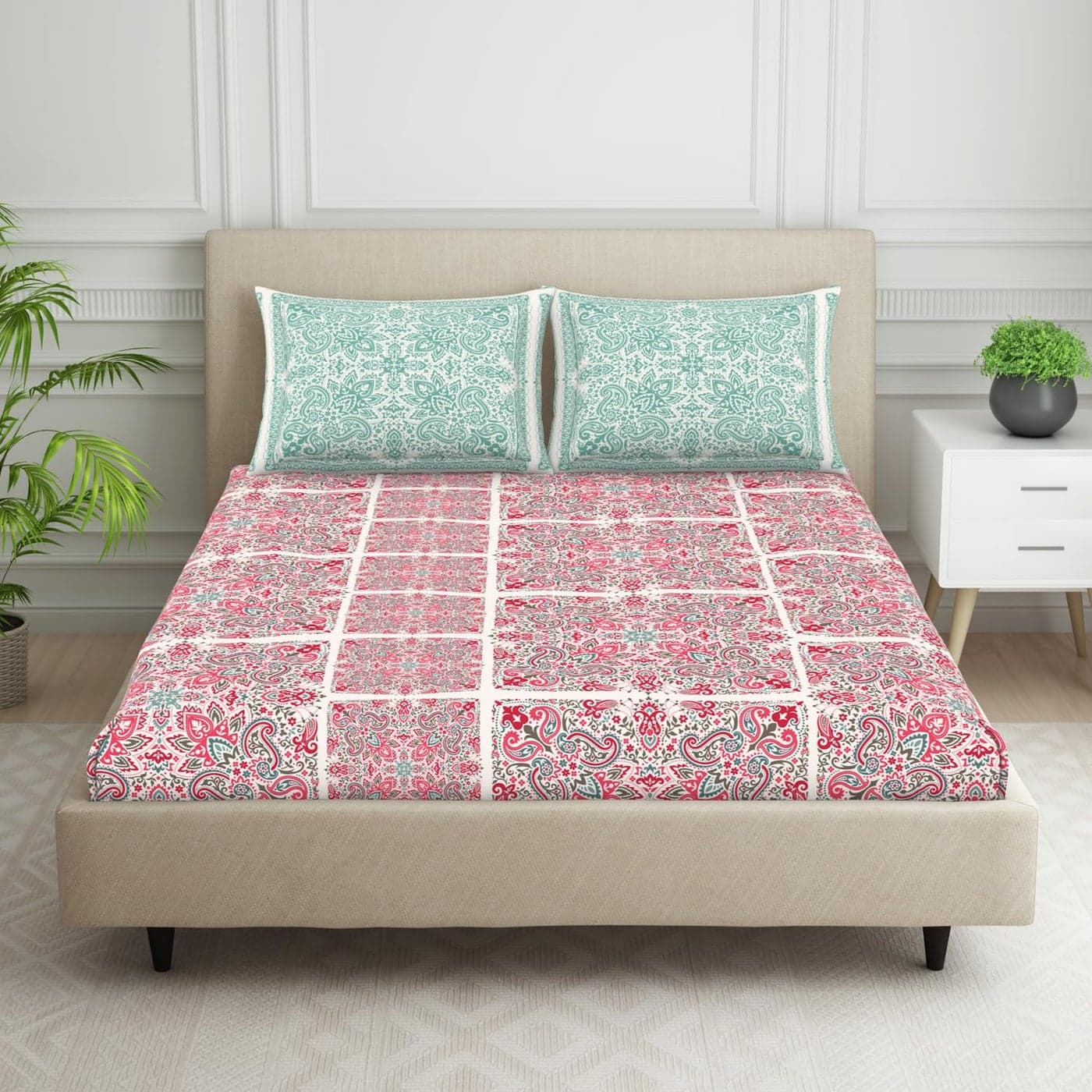 SPACES 100% Cotton Double Bedsheet with 2 Pillow Covers (Size 88 x 100 inch) | 132 TC Bed Sheet for Double Bed | Breathable Pure Cotton Queen Size Bedsheet | BOLDBOHO | Ornate Dark Orange