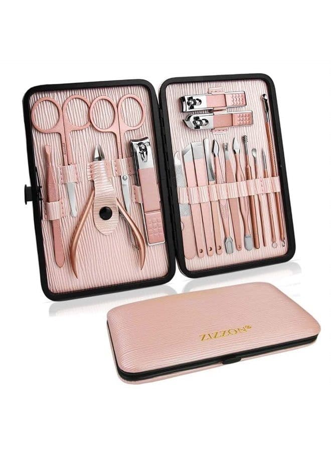 Manicure Set 18 in 1 Professional Pedicure Set Nail scissors Grooming Kit with Leather Travel Case Pink