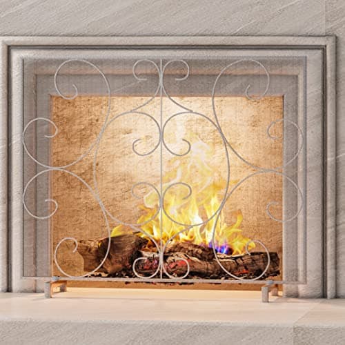 Kingson Single Panel Decorative Fireplace Screen Stand Alone Cover Handcrafted Durable Metal Mesh HeatResistant Free Standing Fire Spark Guard Mesh 378 L x 88 W x 307 H Pewter