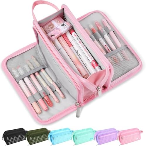 Zeinwap Polyester Big Capacity Pencil Case High Large Storage Pouch Marker Pen Case Simple Stationery Bag School College Office Organizer for Teens Girls (Checks Pink)