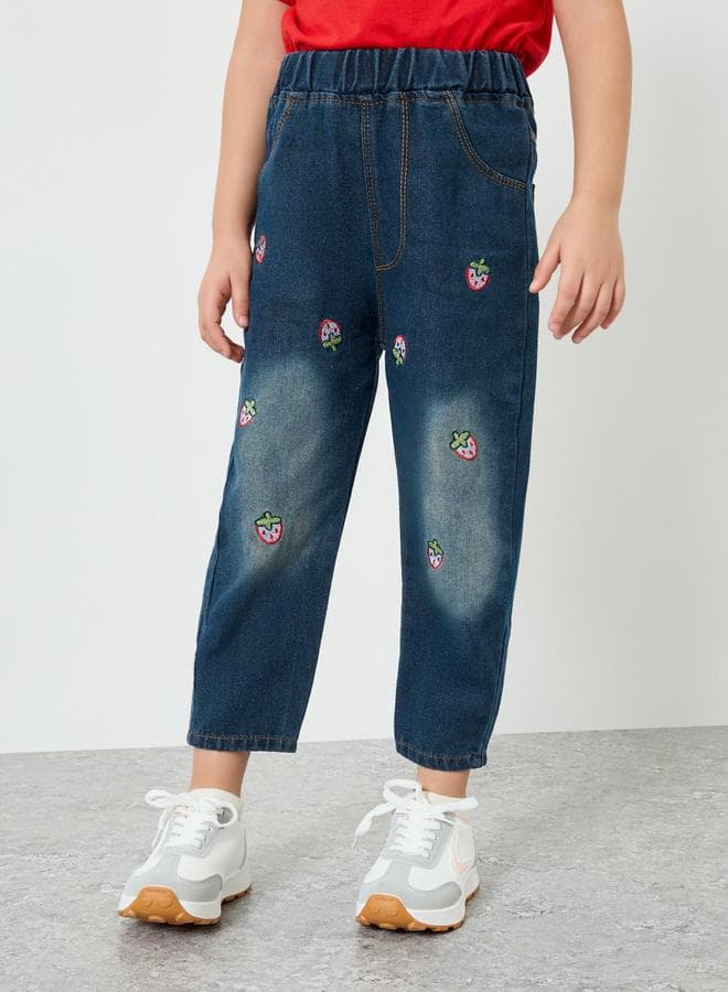 Girls Blue Strawberry Embroidered Jeans