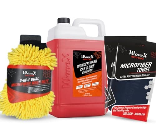 Wavex Wonder Wash Car Shampoo (5L) Combo | Luxurious Car Wash Shampoo, Honey Thick with Super Suds | With Peach Fragrance | Includes a Car Wash Mitt & 2 Microfiber Cloths