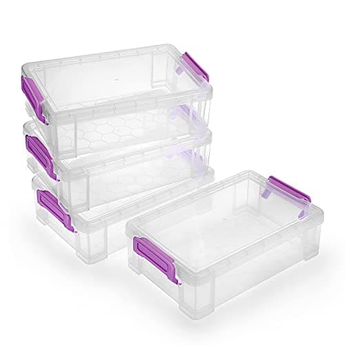 BTSKY 4 Pack Extra Large Plastic Pencil Box Stackable Translucent Clear Pencil Caase Crayon Box Set, Marker Organizer Art Supply Storage Organizer for Gel Pens Pencils Erasers Tape Markers etc(Purple)