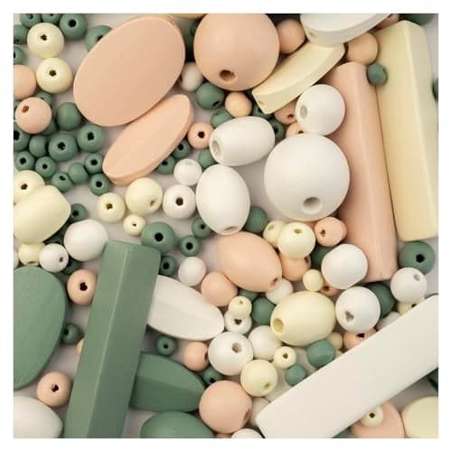 John Bead 90g Craft Beads WhiteCreamLight PeachGreen Wood Beads with Elastic Nylon Cord