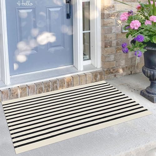 KILOCOCO Beige Striped Rug 2.3'x3.6' Indoor Outdoor Rugs Front Door Mat Hand Woven Cotton Washable Striped Layered Doormats for Front Porch/Kitchen/Farmhouse/Entryway/Patio