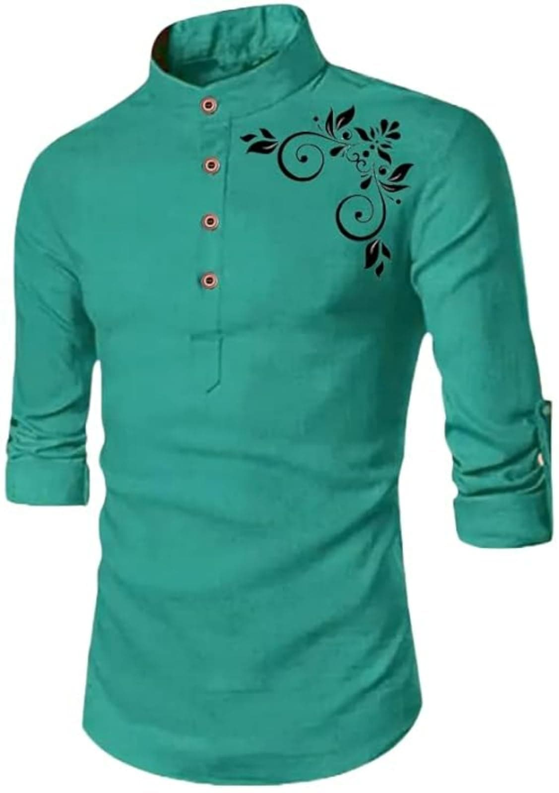 DEELMO Full Sleeve Short Kurta Shirt with a Trendy Mandarin Collar Crafted from a Premium Cotton Blend for Comfort Ideal for Men's (Medium, Teal)