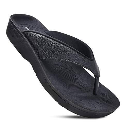 AEROTHOTIC Slip On Recovery Footwear Plantar Fasciitis Flip Flops for Women Yoga Mat Outdoor Walking Beach Ladies Arch Support Summer Thong Dressy Casual Sandals (Matt Black, Size10)
