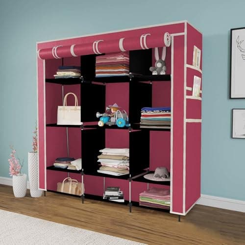 GTC® 12 Layer Collapsible Portable Foldable Wardrobe Storage Organizer Shelves for Clothes Racks Fabric Almirah Non Rustable Iron Storage Unit (88250) (Maroon)