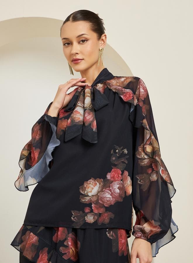 Black Floral Print Ruffled Sleeve Blouse