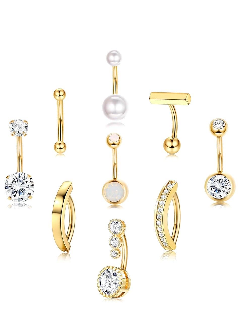9 PCS belly on ring gold Stainless Steel Belly Piercing Rings Set , women Navel piercing Rings, fashion Rhinestone studded fashiony body piercing jewelry set, belly Piercing Jewelry for Women and