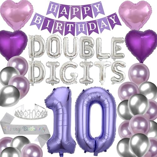42 Pieces 10th Birthday Decorations Double Digits Party Balloons Purple Happy Birthday Banner Silver Sash 10th Tiara Number 10 Foil Balloons Latex Balloons for 10 Year Old Girls Party Purple