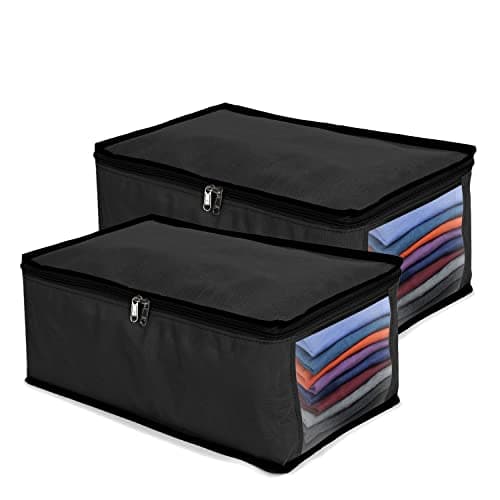 SHIBUI Foldable Closet Shirt Organizer For Wardrobe, Shirt Cover | Shirt Organiser | Clothing Storage Box With Clear Window,Non Woven Febric. (Pack Of 2, Black), Non-Woven, 27 Centimeters