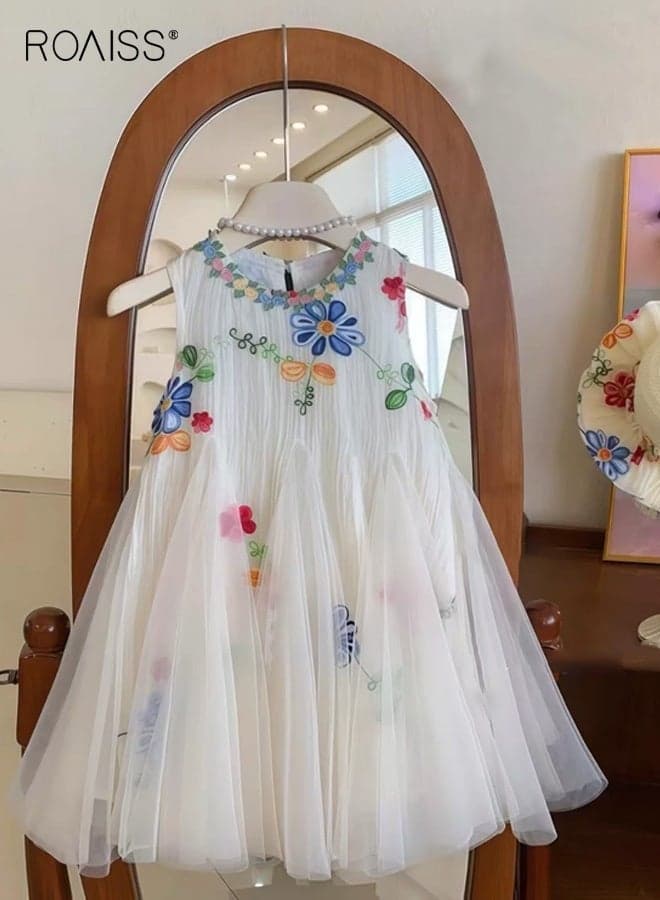 Girls Summer Tulle Dress, Sleeveless Round Neck Dress, Princess Dress with Exquisite Embroidery, Elegant Chic Frock for Girls, Suitable for Daily Wear, Vacations, Birthday Parties or Any Occasion