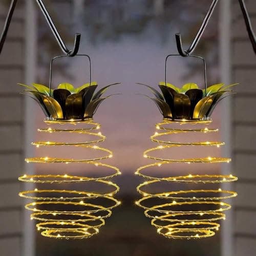 JHPGEOE 2 Pack Outdoor Solar Hanging Lantern Lights 60LED Waterproof Solar Pineapple Light Outdoor for GardenYard Porch Lawn Backyard Landscape Pathway Patio Outside Gardening
