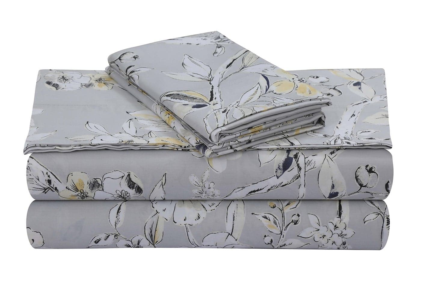 Tribeca Living King Bed Sheet Set 300 Thread Count Soft Cotton Sateen Floral Print with Extra Deep Pockets 4Piece Bedding Set Colmar Silver GreyMulti
