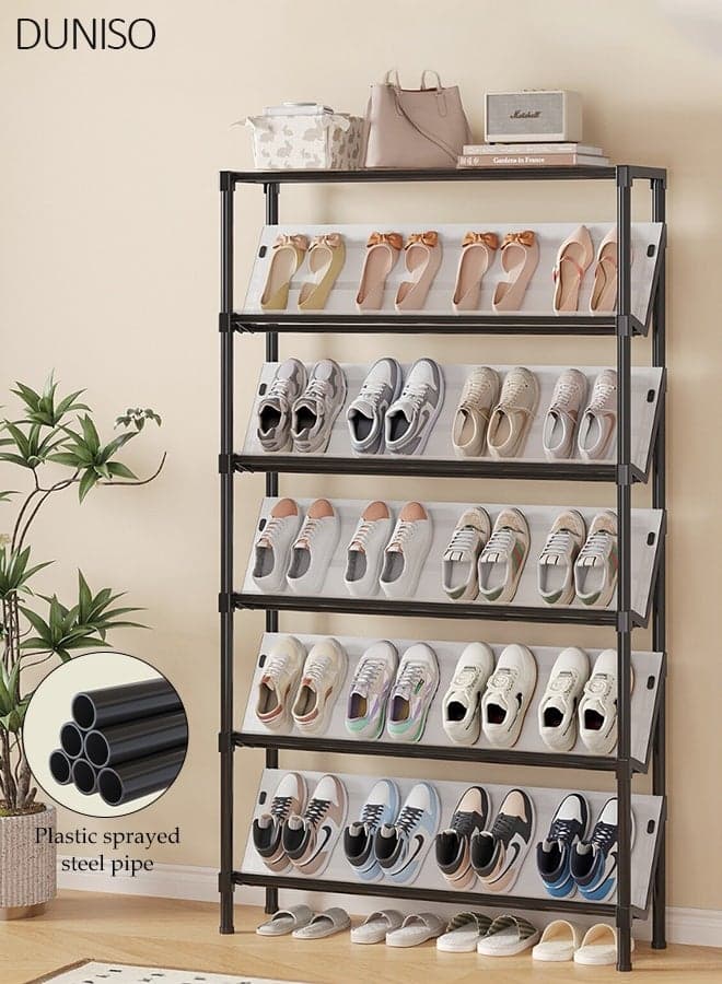 6-Tier Tall Shoe Rack Organizer, Metal Frame Shoe Storage Shelf with Fabric Shelves, Space-Saving Shoe Stand for Entryway, Closet and Bedroom, Holds 24-30 Pairs